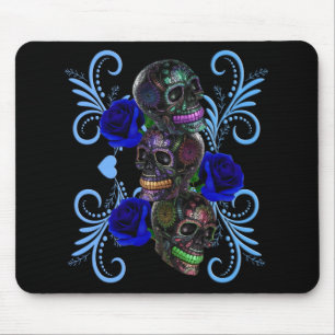 Triple Black Day of the Dead Skulls Blue Rozen Muismat