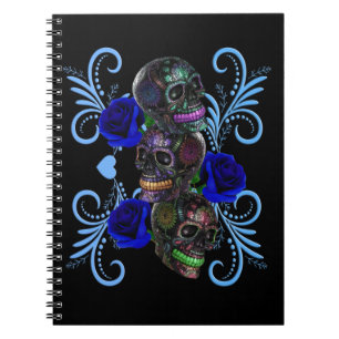 Triple Black Day of the Dead Skulls Blue Rozen Notitieboek
