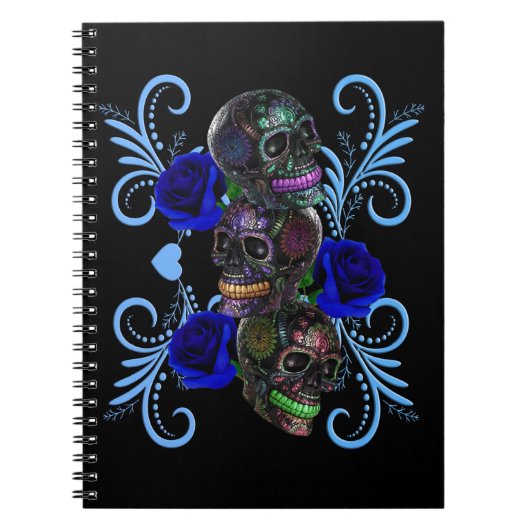 Triple Black Day of the Dead Skulls Blue Rozen Notitieboek (Voorkant)