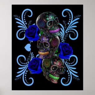 Triple Black Day of the Dead Skulls Blue Rozen Poster