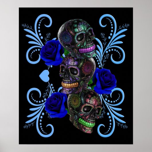 Triple Black Day of the Dead Skulls Blue Rozen Poster (Voorkant)