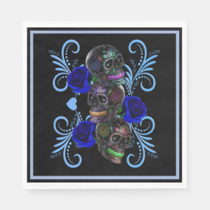 Triple Black Day of the Dead Skulls Blue Rozen Servet