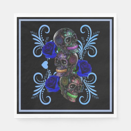Triple Black Day of the Dead Skulls Blue Rozen Servet (Voorkant)