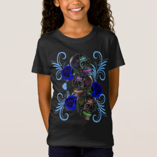 Triple Black Day of the Dead Skulls Blue Rozen T-shirt