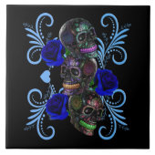Triple Black Day of the Dead Skulls Blue Rozen Tegeltje (Voorkant)
