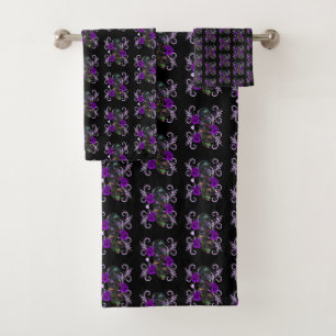 Triple Black Day of the Dead Skulls Paarse Rozen Bad Handdoek