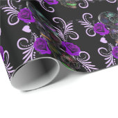 Triple Black Day of the Dead Skulls Paarse Rozen Cadeaupapier (Rol Hoek)