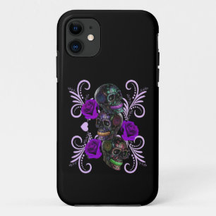 Triple Black Day of the Dead Skulls Paarse Rozen Case-Mate iPhone Case