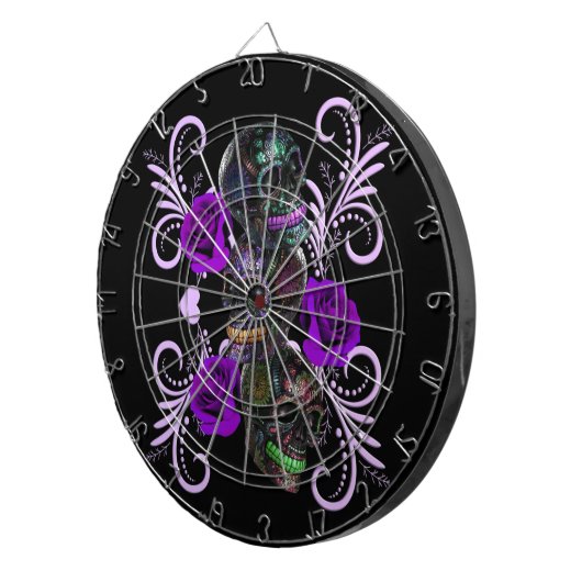 Triple Black Day of the Dead Skulls Paarse Rozen Dartbord (Voorkant Rechts)