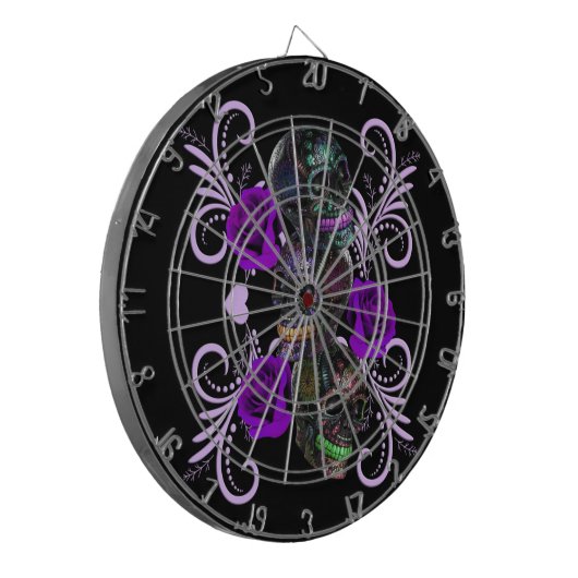 Triple Black Day of the Dead Skulls Paarse Rozen Dartbord (Voorkant Links)