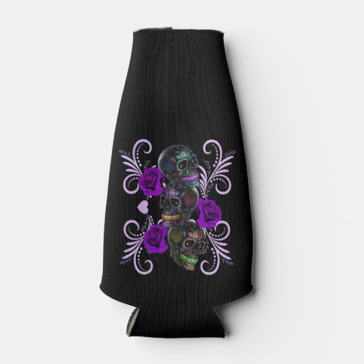 Triple Black Day of the Dead Skulls Paarse Rozen Flesjeskoeler (Voorkant)