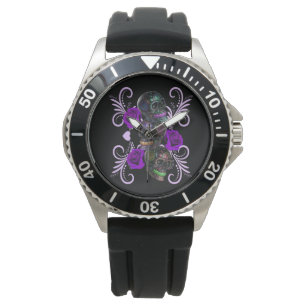 Triple Black Day of the Dead Skulls Paarse Rozen Horloge