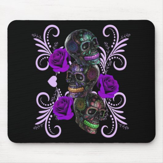 Triple Black Day of the Dead Skulls Paarse Rozen Muismat (Voorkant)