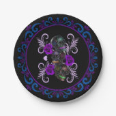Triple Black Day of the Dead Skulls Paarse Rozen Papieren Bordje (Voorkant)