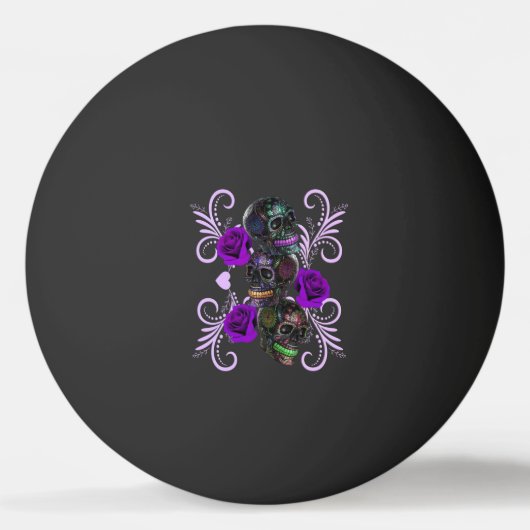 Triple Black Day of the Dead Skulls Paarse Rozen Pingpongbal (Voorkant)