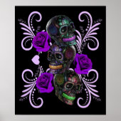 Triple Black Day of the Dead Skulls Paarse Rozen Poster (Voorkant)