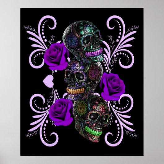 Triple Black Day of the Dead Skulls Paarse Rozen Poster (Voorkant)