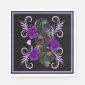 Triple Black Day of the Dead Skulls Paarse Rozen Servet (Voorkant)