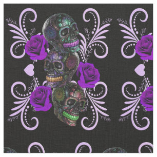 Triple Black Day of the Dead Skulls Paarse Rozen Stof