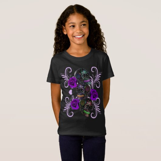 Triple Black Day of the Dead Skulls Paarse Rozen T-shirt (Voorkant volledig)