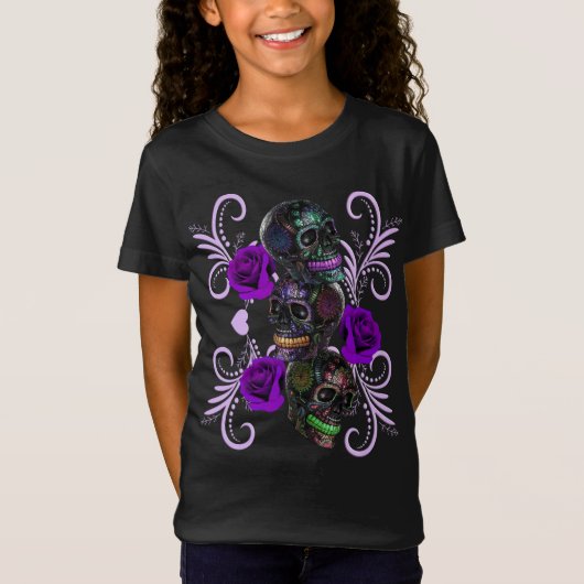 Triple Black Day of the Dead Skulls Paarse Rozen T-shirt (Voorkant)