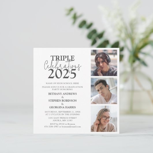 Triple Celebration 3 Photo Afstuderen Invitation Kaart (Staand voorkant)
