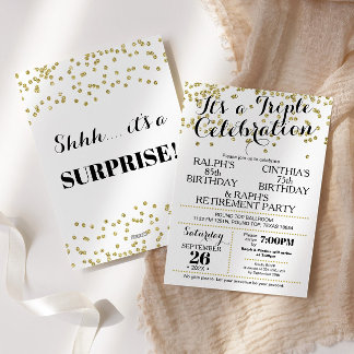 Triple Celebration Confetti Faux Gold Invitation Kaart