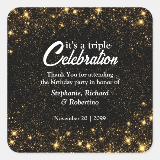 Triple Celebration Joint Birthday Gold Black  Vierkante Sticker (Voorkant)