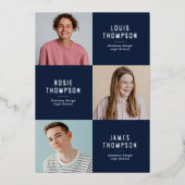 Triple Foto 3 Afstudeerder Navy Silver Graduparty Folie Uitnodiging (Voorkant)