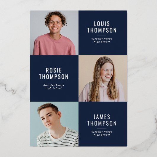 Triple Foto 3 Afstudeerder Navy Silver Graduparty Folie Uitnodiging (Voorkant)