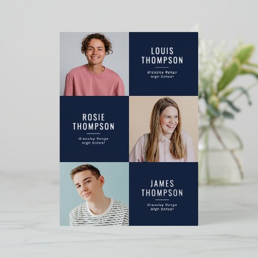 Triple Foto 3 Afstudeerder Navy Silver Graduparty Folie Uitnodiging (Staand Voorkant)