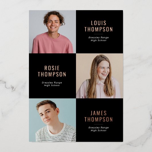 Triple Foto 3 Afstudeerder Roos Gold Graduparty Folie Uitnodiging (Voorkant)