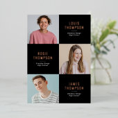 Triple Foto 3 Afstudeerder Roos Gold Graduparty Folie Uitnodiging (Staand Voorkant)