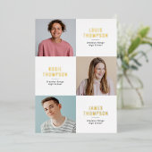 Triple Foto 3 Afstudeerder White Gold Graduparty Folie Uitnodiging (Staand Voorkant)