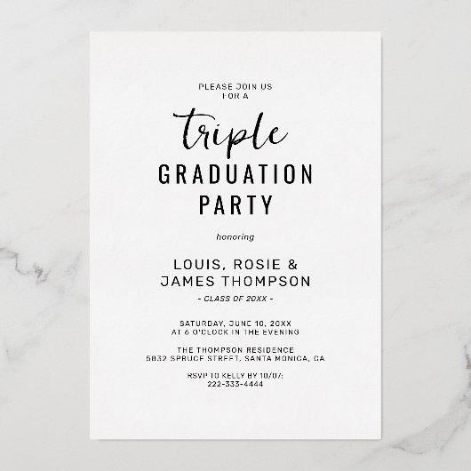 Triple Foto 3 Afstudeerder White Gold Graduparty Folie Uitnodiging (Achterkant)