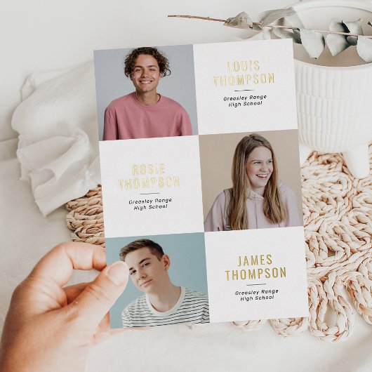 Triple Foto 3 Afstudeerder White Gold Graduparty Folie Uitnodiging