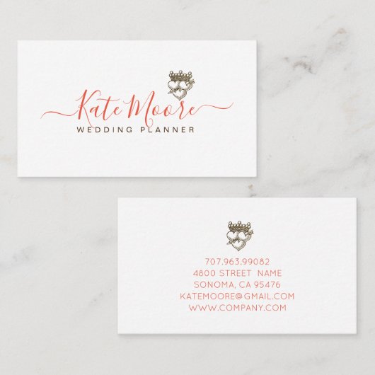 Triple Hearts Crown Script Wedding Planner Visitekaartje (Voorkant / Achterkant)