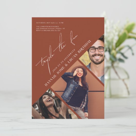 Triple het plezier | Moderne drie-persoons verjaar Kaart (Staand voorkant)