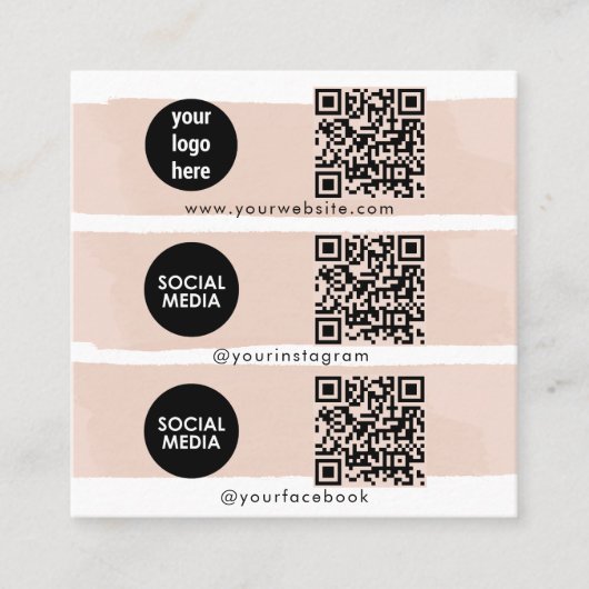 Triple Icon QR Code Social Media Logo Blush Pink Vierkante Visitekaartje (Voorkant)
