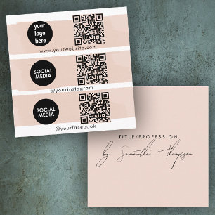Triple Icon QR Code Social Media Logo Blush Pink Vierkante Visitekaartje