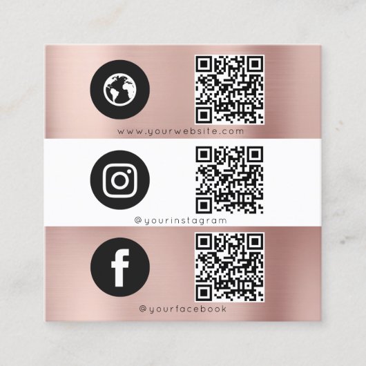 Triple Icon QR Code Social Media Roos Goud Vierkante Visitekaartje (Voorkant)