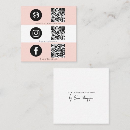 Triple Icon QR Code Social Media Roze Vrouwelijk Vierkante Visitekaartje (Voorkant / Achterkant)