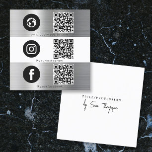 Triple Icon QR Code Social Media Silver Metal Vierkante Visitekaartje