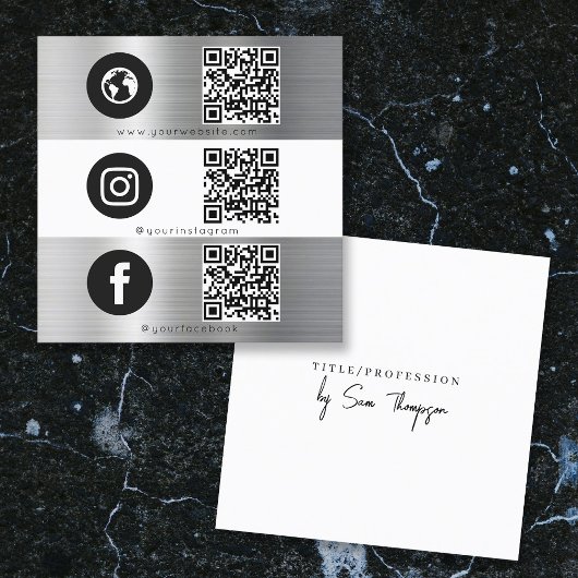 Triple Icon QR Code Social Media Silver Metal Vierkante Visitekaartje