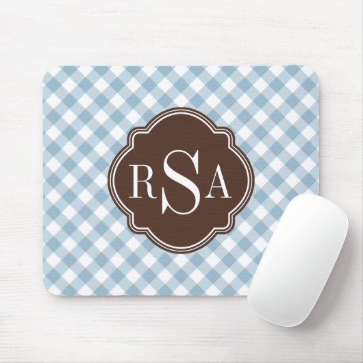 Triple Monogram Brown Blue Gingham Pattern Muismat (Met muis)