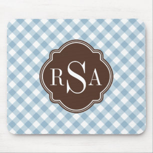Triple Monogram Brown Blue Gingham Pattern Muismat