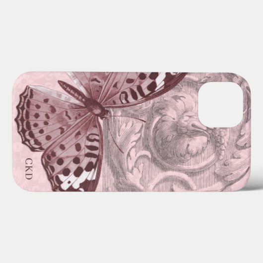Triple Monogram Pink Baroque Butterfly Art Case-Mate iPhone Case (Achterkant (horizontaal))