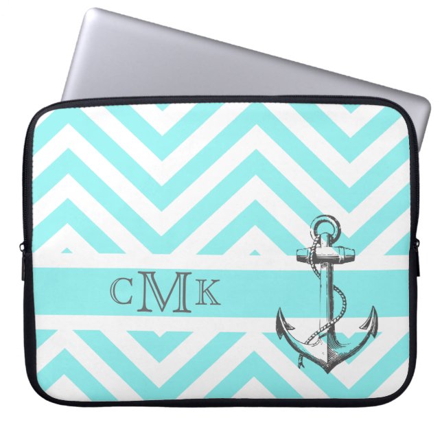 Triple Monogrammed Anchor & Blue Zigzags Laptop Sleeve (Voorkant)