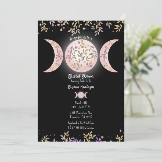 Triple Moon Goddess Botanisch Zwart Vrijgezellenfe Kaart (Staand voorkant)