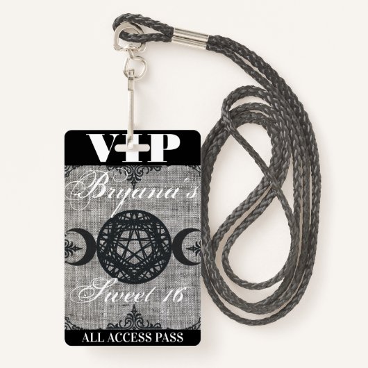 Triple Moon Goddess Burlap VIP Pass Birthday Party Badge (Voorkant met draagriem)